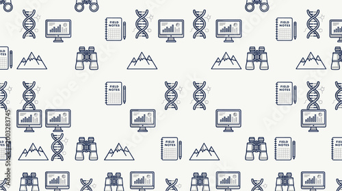 Environmental research icons and sustainable study symbols arranged in a sophisticated seamless repeating pattern for university