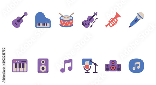 A flat design collection of colorful music instruments and audio equipment icons, perfect for digital and print media related to music and sound.