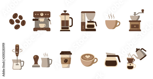 A collection of flat design icons representing coffee making equipment and beverages, ideal for cafes, menus, or branding.
