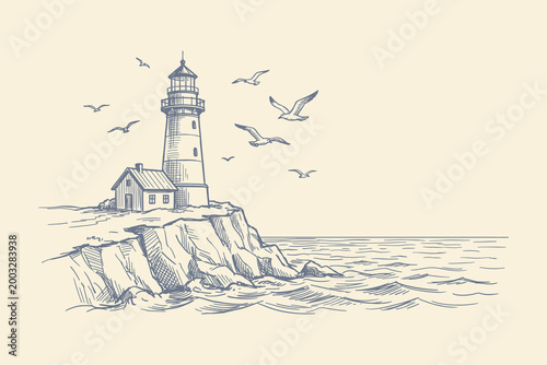Vintage Hand Drawn Lighthouse Sketch on Cliff with Seagulls and Ocean Waves