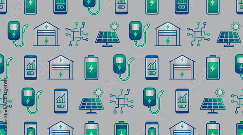 Residential EV charging symbols and home energy icons integrated into a sleek seamless repeating pattern for smart home platforms.