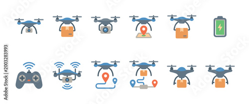 A collection of flat design icons depicting drones, delivery packages, remote controls, batteries, and navigation, representing modern technology and logistics.