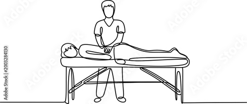 Continuous line drawing of a professional therapist giving a relaxing back massage to a woman lying on a treatment table in a spa or medical clinic setting