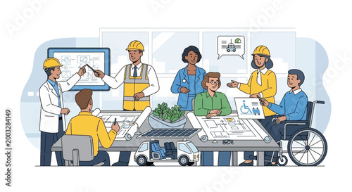 Diverse Engineering Team Collaborating on Accessible Architectural Project