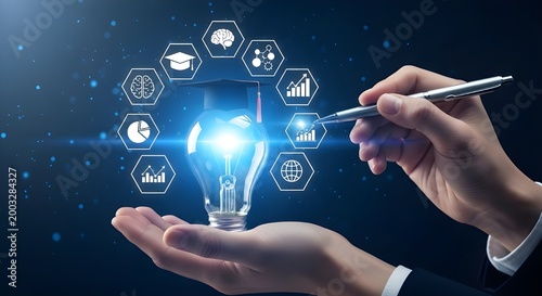 A person holds a glowing light bulb wearing a graduation cap with digital business icons