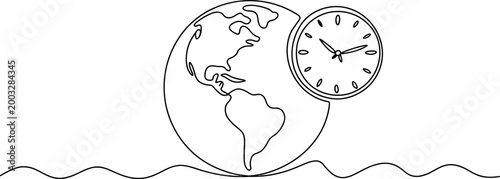 Continuous single line drawing of a world globe with a wall clock representing global time and deadlines in a simple minimalist style illustration