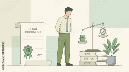 Man with Legal Document, Real Estate Law, and Scales of Justice