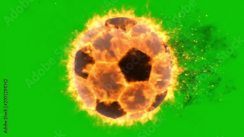 Flaming Soccer Ball Rotating on Green Screen with Realistic Fire and Sparks