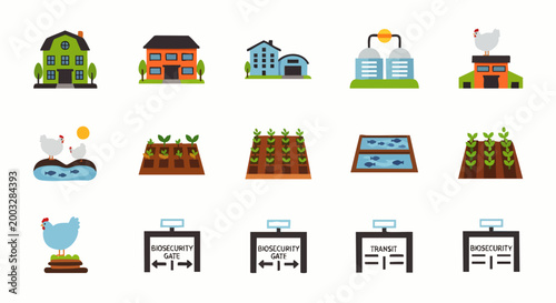 Set of flat icons representing various elements of a farm, including houses, silos, chickens, crops, and solar panels.