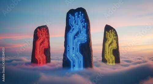 Ancient standing stones with glowing neon circuit patterns rise above a sea of clouds at sunset time