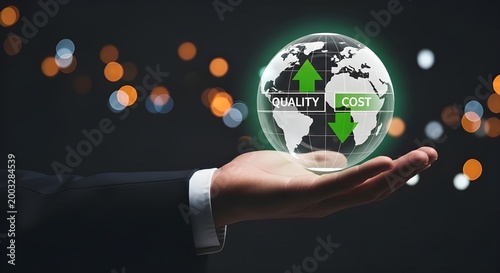 Hand holds glowing globe with quality up and cost down symbols saddles for global business