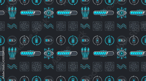 Fast charging technology icons and power delivery symbols arranged in a sophisticated seamless repeating pattern for tech themes.