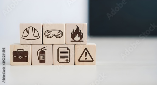 Wooden blocks display various safety icons representing workplace protection protocols and essential industrial health hazard procedures