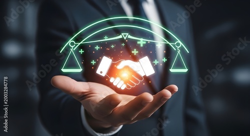 Symbolizing partnership and justice, a handshake graphic hovers above an open palm.