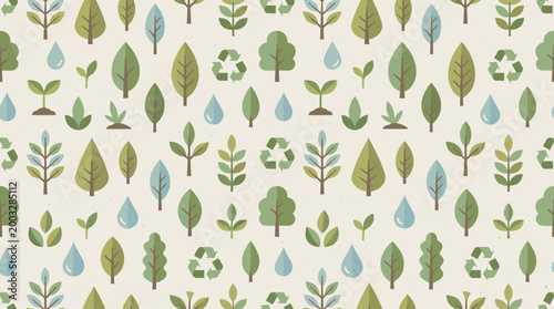 Forest plants, leaves, and eco symbols scattered in a fresh nature conservation concept with organic elements repeating evenly