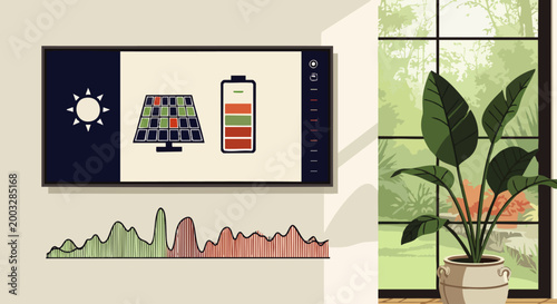 Smart home energy management system monitoring solar power generation and battery storage for sustainable living and eco-friendly electricity consumption.