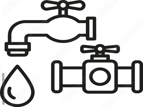 Plumbing Service Icon Set Featuring Water Tap Faucet Pipe Valve and Drop