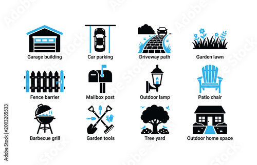 Collection of outdoor home and garden icons with labels