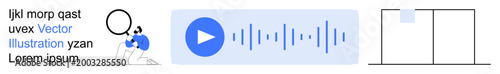 Audio recognition, digital tools, data search, communication, speech processing, user interface. Abstract elements show search magnifier, audio waves and a graph. Audio recognition and digital tools