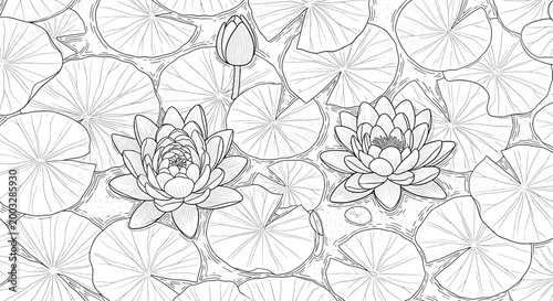 Cuadro en lienzo Water lilies and lily pads in a pond, black and white line art illustration