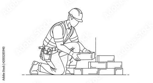 Construction worker laying bricks, vector illustration of a builder in a hard hat and safety vest working on a wall