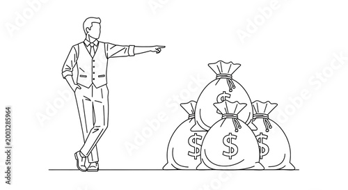Businessman pointing at a pile of money bags