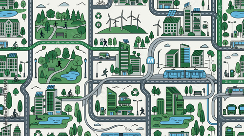 Green city planning icons and sustainable urban development symbols arranged in a seamless repeating pattern for architectural use