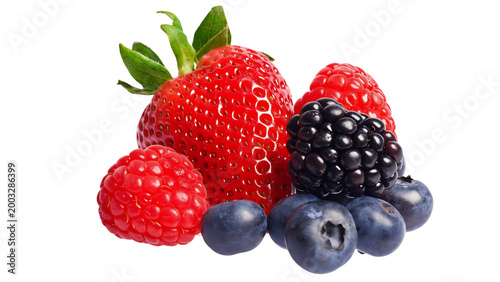fresh ripe strawberries and blueberries with leaves isolated on transparent background