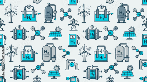 Green hydrogen infrastructure icons and clean fuel technology symbols arranged in a seamless repeating pattern for energy branding