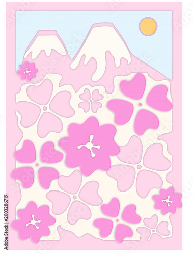 Japanese Spring Sakura and Mount Fuji Papercut Style Illustration Isolated