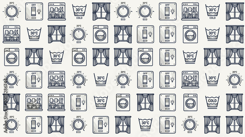 Responsible habit icons and low carbon lifestyle symbols arranged in a sophisticated seamless repeating pattern for green living.