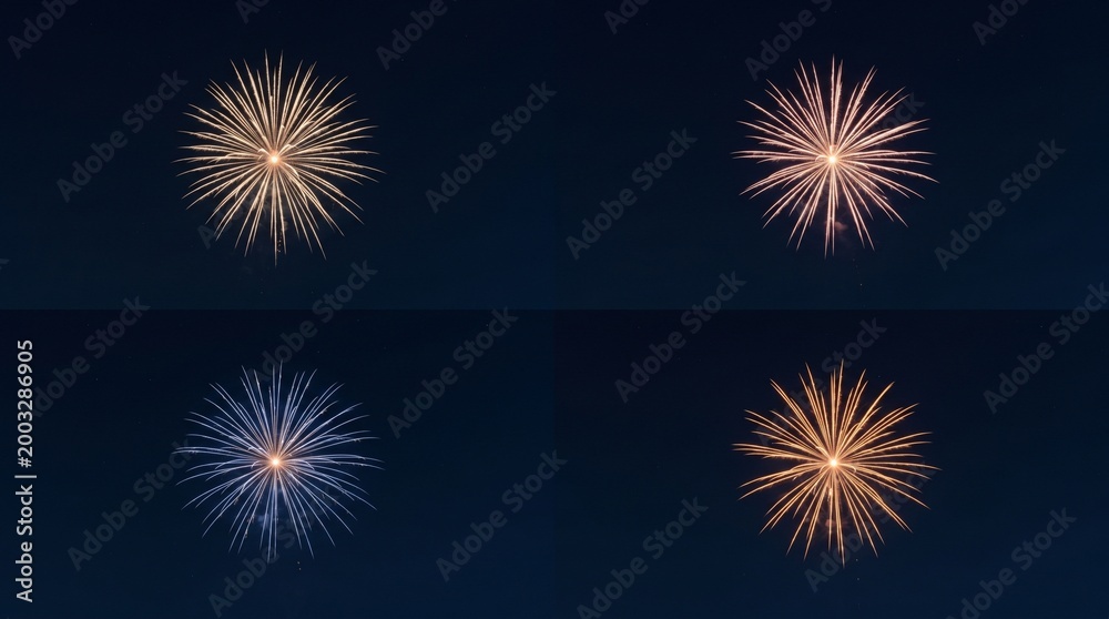Fototapeta premium Four different colorful fireworks explosions against a dark night sky
