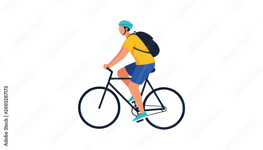 Fototapeta premium Man Riding a Bicycle with Backpack Flat Illustration