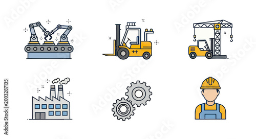 Photography Industrial manufacturing and logistics icons set in flat doodle style