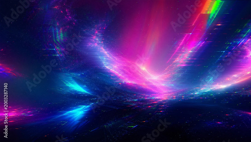 Abstract glowing nebula and light streaks create a vibrant cosmic landscape with diverse colors