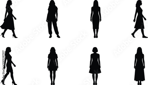 Female silhouette set with walking and standing women in dresses isolated on white background for fashion and lifestyle design