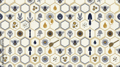 Honeybee conservation icons and pollinator health symbols arranged in a sophisticated seamless repeating pattern for ecological