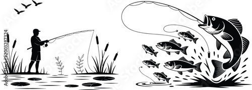 Fishing silhouette set with angler catching fish and jumping fish illustration isolated on white background for outdoor sports design