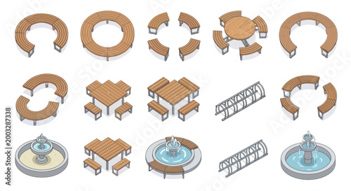 Isometric Park Furniture Set with Urban Design Elements