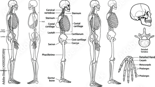 Human skeletal system anatomy set with labeled bones skull spine rib cage hand and vertebrae detailed illustration