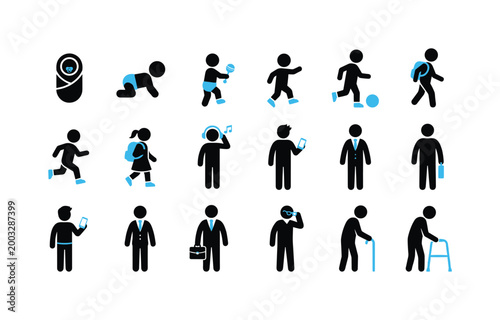 Human life cycle stages depicted as simple icons from infancy to old age