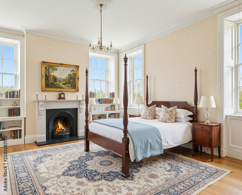 Naklejka premium Elegant Classic Bedroom Interior with Mahogany Four Poster Bed, Marble Fireplace, Vintage Persian Rug and Large Windows in a Luxury Period Home