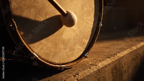 Close-up of a mallet striking a drumhead during golden hour, rhythmic percussion performance outdoors in warm sunlight.