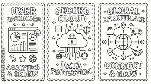 Business Technology and E-commerce Line Art Vector Set Featuring User Dashboard Analytics Secure Cloud Data Protection and Global Marketplace Infographics in Coloring Book Style