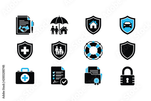 Collection of insurance and protection icons representing various services