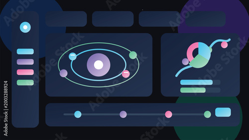 Dark analytics dashboard interface with orbit graph neon widgets SaaS admin panel template for reporting systems