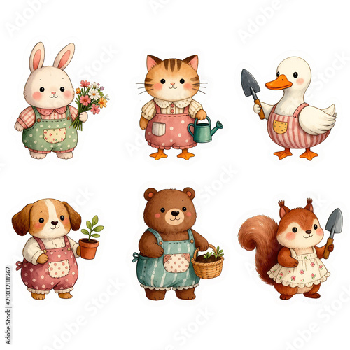 Adorable cartoon animals dressed in gardening outfits, each holding gardening tools, such as watering cans and shovels. These lovely images perfectly capture the joy of gardening in a vibrant.