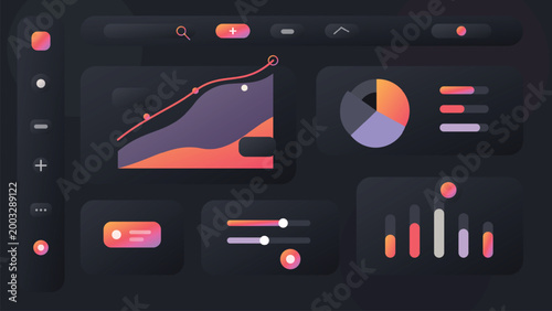 Dark analytics dashboard interface with growth chart pie graph neon SaaS admin panel template for reporting systems