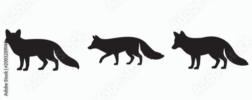 Black fox silhouettes in different standing and walking poses, isolated on light background, minimal wildlife icons featuring bushy tails and alert posture, ideal for nature and design use.