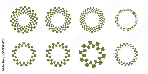Circular Checkerboard Patterns – Checkered Rings, Radial Shapes Abstract Vector Set.eps10